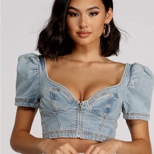 Denim Puff Sleeve Crop Top